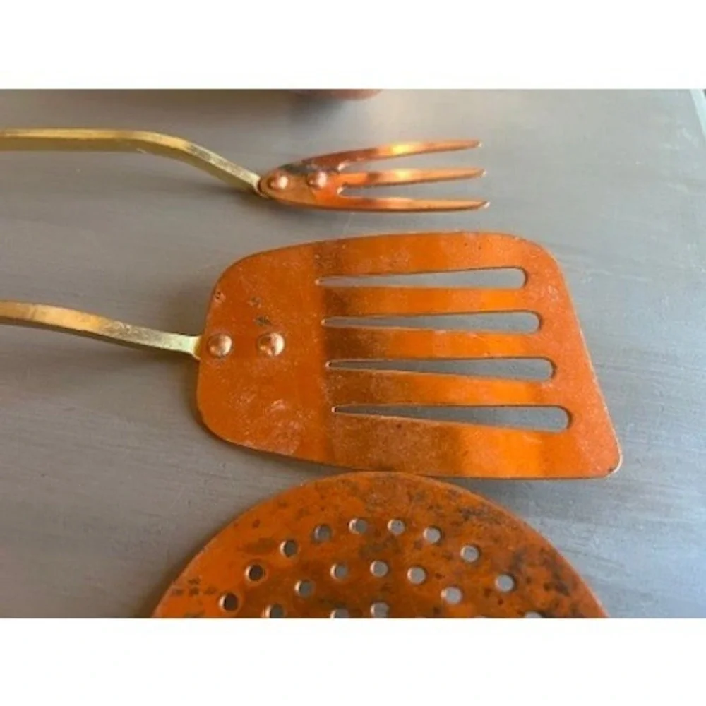Vintage Copper Brass Kitchen Utensil Set 5pc Korea Patina Rustic Wall Rack